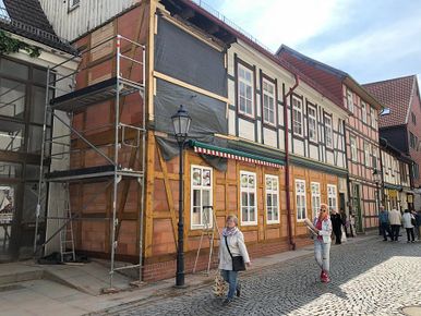 Fassadengerüst bei Fachwerkrestaurierung in Wernigerode